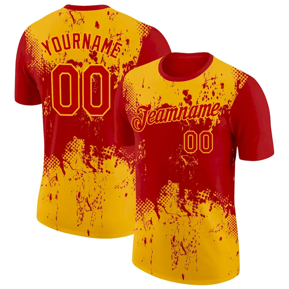 3DPattern4038.webp Custom Red Gold 3D Pattern Design Dripping Splatter Art Performance T-Shirt - Image 1