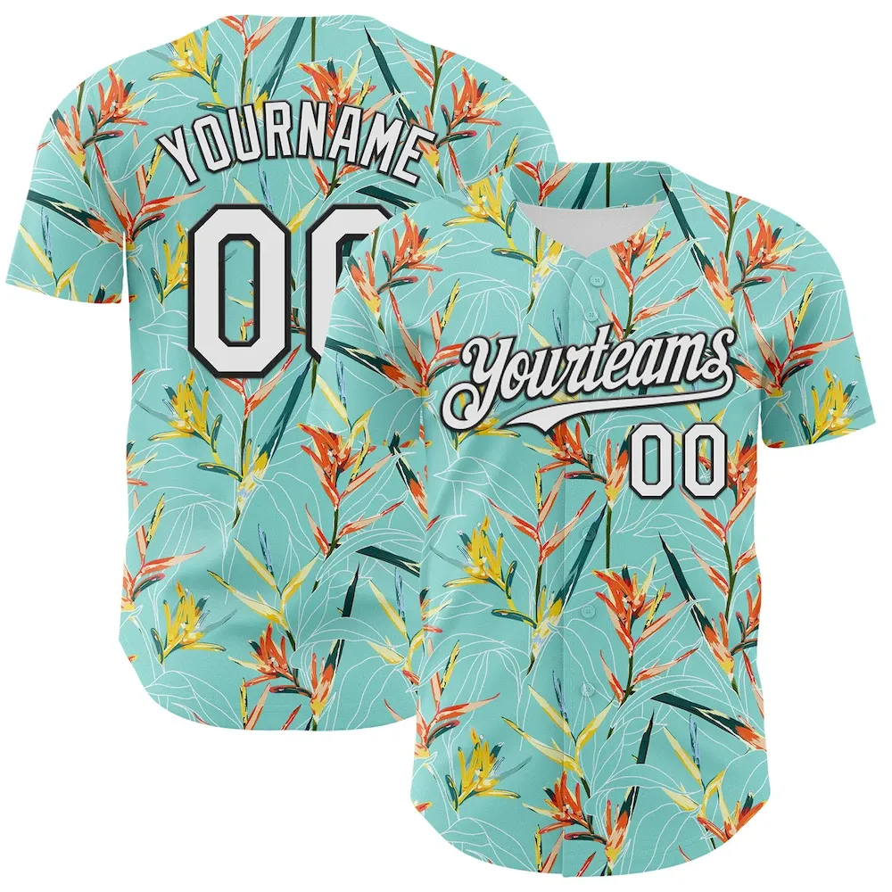 3DPattern6425.webp Custom Ice Blue White-Black 3D Hawaii Tropical Leaves Authentic Baseball Jersey - Image 1