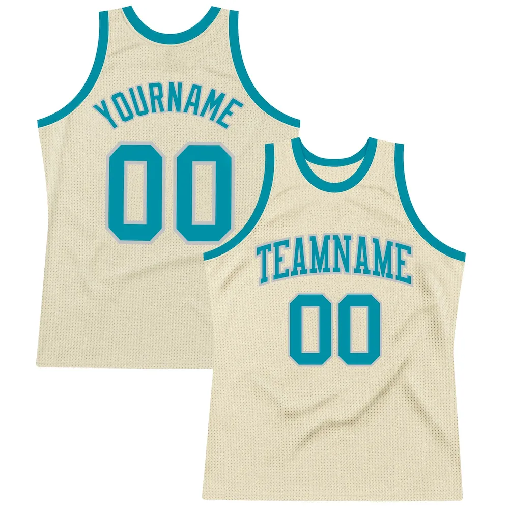 Cream0375.webp Custom Cream Teal-Gray Authentic Throwback Basketball Jersey - Image 1
