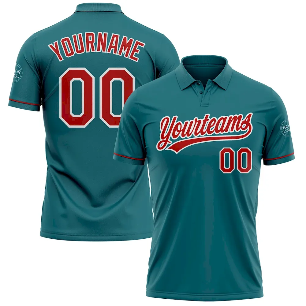 GolfPolo0601.webp Custom Teal Red-White Performance Vapor Golf Polo Shirt - Image 1