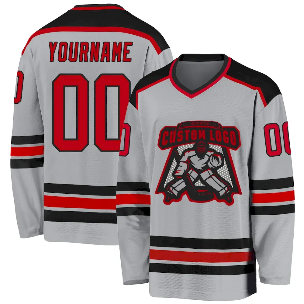 Gray0357.webp Custom Gray Red-Black Hockey Jersey - Image 1