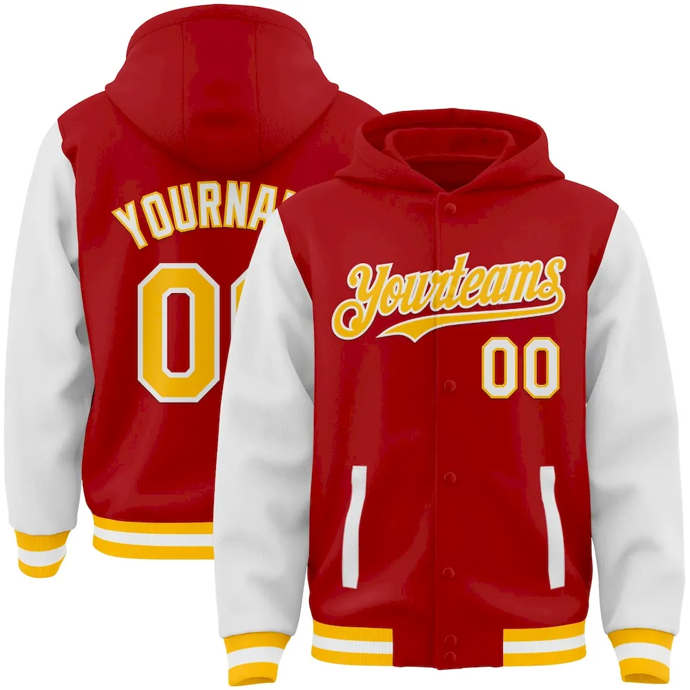 Jacket3216.webp Custom Red Gold-White Bomber Full-Snap Varsity Letterman Two Tone Hoodie Jacket - Image 1