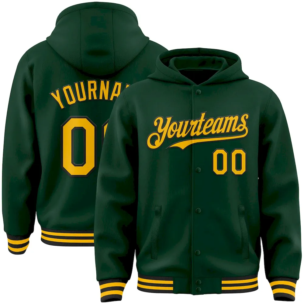 Jacket3681.webp Custom Green Gold-Black Bomber Full-Snap Varsity Letterman Hoodie Jacket - Image 1