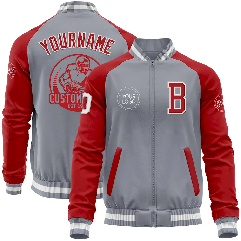 Jacket5961.webp Custom Gray White-Red Bomber Varsity Letterman Two Tone Zipper Jacket - Image 1