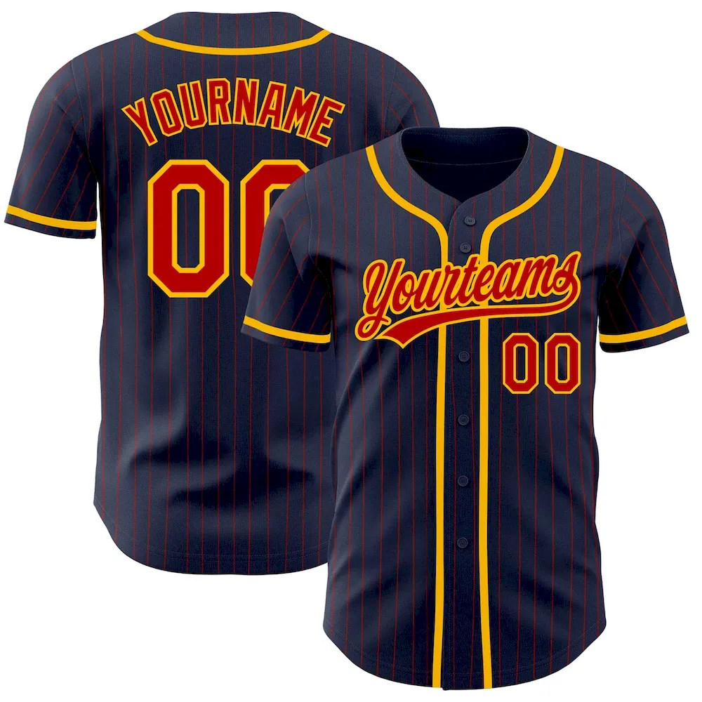 Navy0597.webp Custom Navy Red Pinstripe Gold Authentic Baseball Jersey - Image 1
