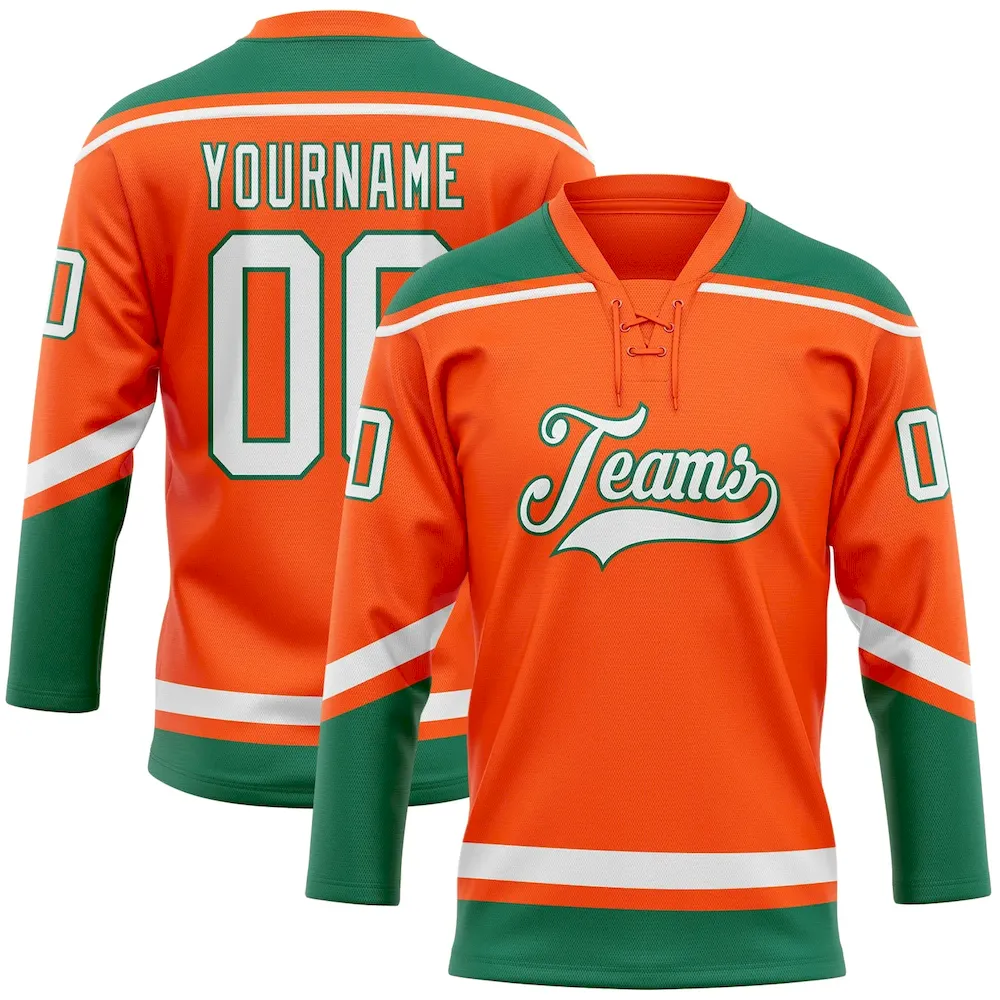 Orange0370.webp Custom Orange White-Kelly Green Hockey Lace Neck Jersey - Image 1