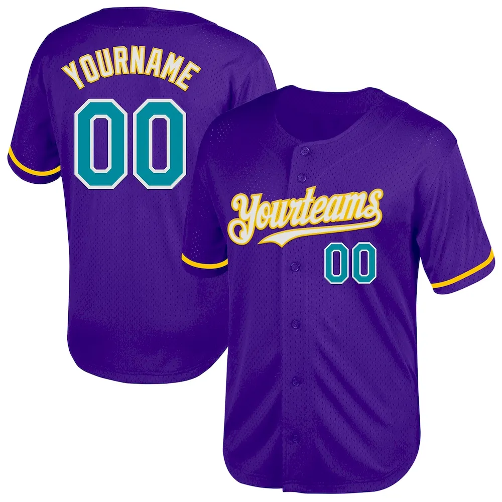 Purple0585.webp Custom Purple Teal-Yellow Mesh Authentic Throwback Baseball Jersey - Image 1