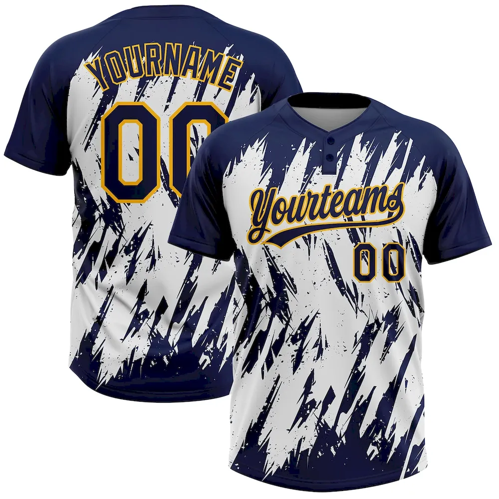Softball0694.webp Custom Navy Gold-White 3D Pattern Abstract Sharp Shape Two-Button Unisex Softball Jersey - Image 1